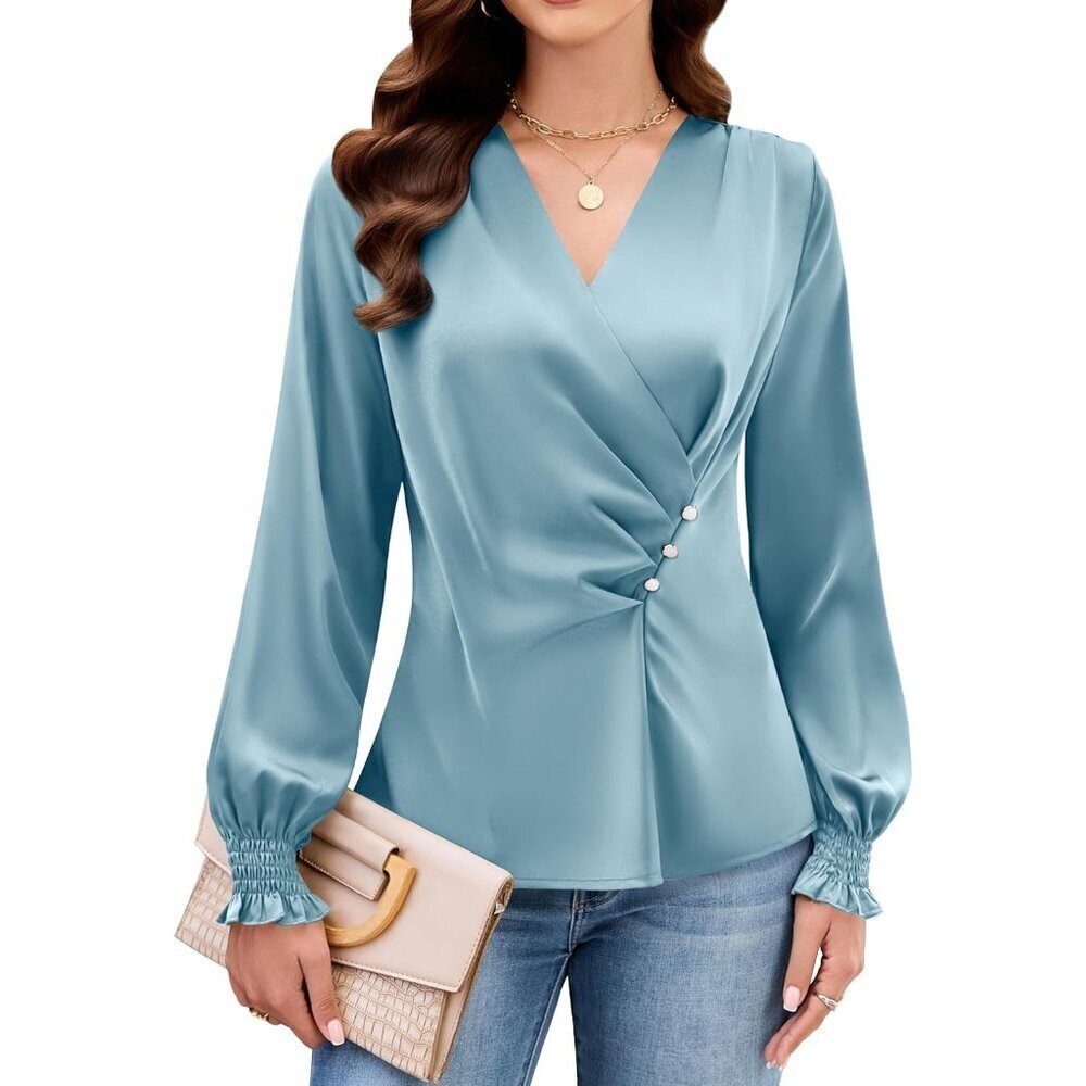 Womens Blouses Satin Silk V Neck Pleated Long Sleeve Office Casual Top